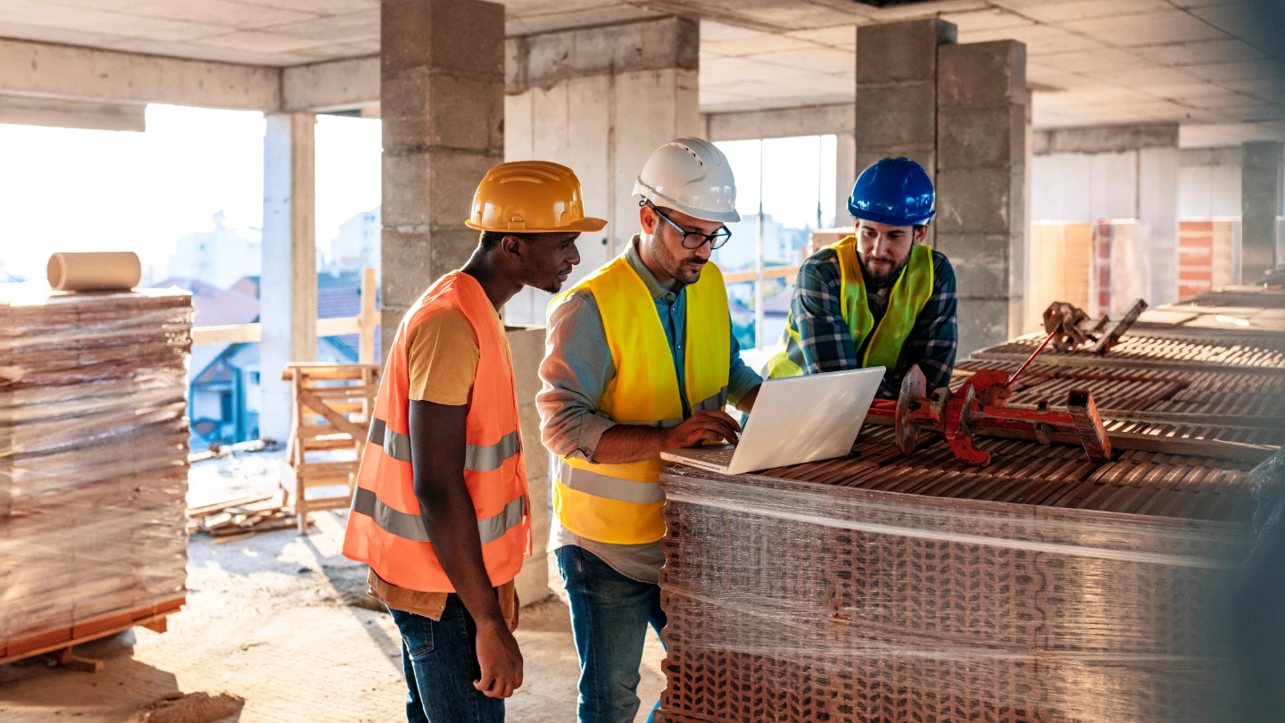 Construction workers on a building site reviewing site plans Construction workers on a building site reviewing site plans