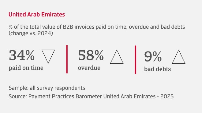 % of the total value of B2B invoices paid on time, overdue and bad debts in United Arab Emirates